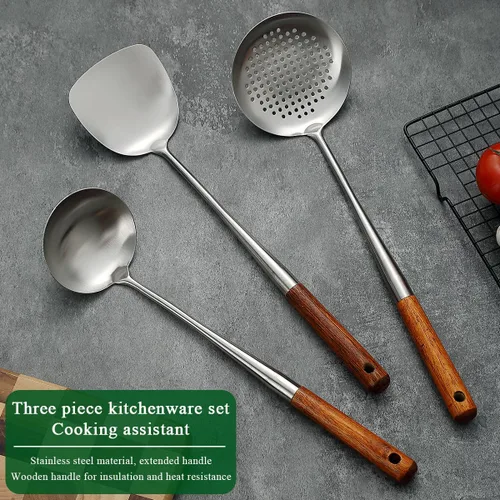 Vista 3 de Evanda Juego de espátulas Wok de 17 pulgadas, herramientas de wok de acero inoxidable con mango de madera resistente al calor, cucharón, espátula