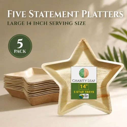 Vista 4 de Charity Leaf - Platos desechables de hoja de palma de 14 pulgadas (paquete de 5) platos para servir como bambú, tablas desechables, vajilla