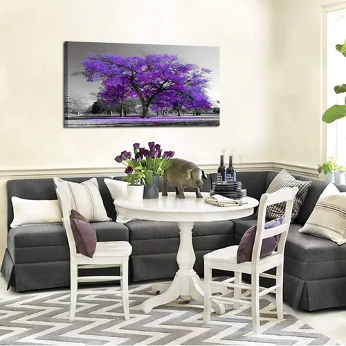 Vista 4 de KREATIVE ARTS Impresiones en lienzo con marco de árbol morado, arte de pared con paisaje de árbol grande, imagen contemporánea para decoración