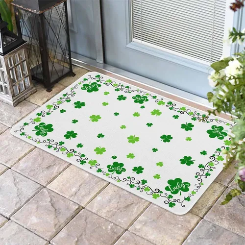 Vista 2 de Tapete del Día de San Patricio para exteriores/interiores, trébol irlandés verde, antideslizante, tapete de bienvenida para puerta delantera, baño