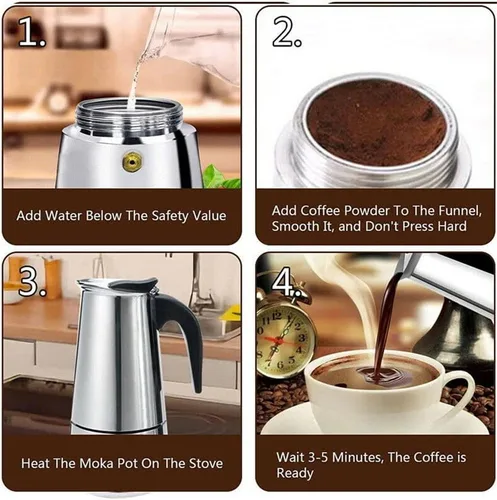 Vista 7 de Cafetera eléctrica del percolador, olla de mesa de café espresso de fondo ancho de acero inoxidable (3.4 fl oz)