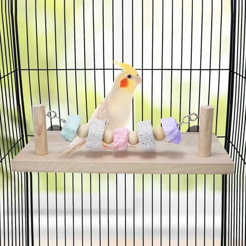 Vista 3 de Wontee Plataforma de soporte de madera con juguetes de molienda Soporte de perca de pájaro para periquitos, cacatúas, conures, ratas, jerbos