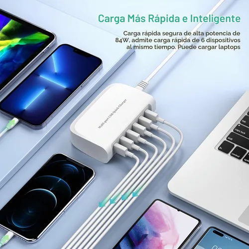 Vista 2 de Cargador rápido USB, estación de carga portátil de 6 puertos, adecuado para varios dispositivos, compatible con iPhone, iPad, Samsung, Google
