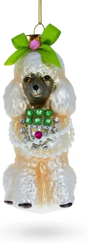 Vista 2 de Elegante caniche con lazo verde adorno navideño de vidrio soplado
