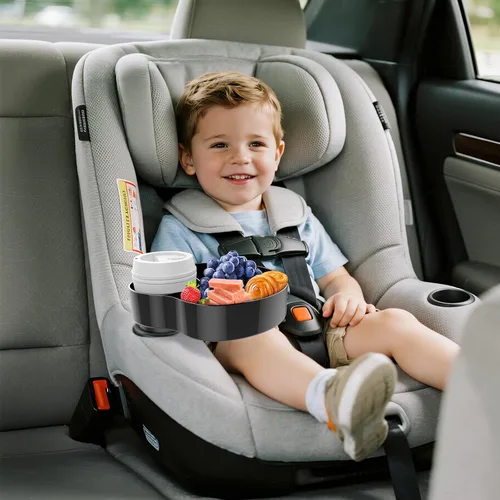 Vista 7 de Bandeja de asiento de automóvil para niños, bandeja de viaje con portavasos para niños pequeños, organizador de alimentos para asiento de automóvil