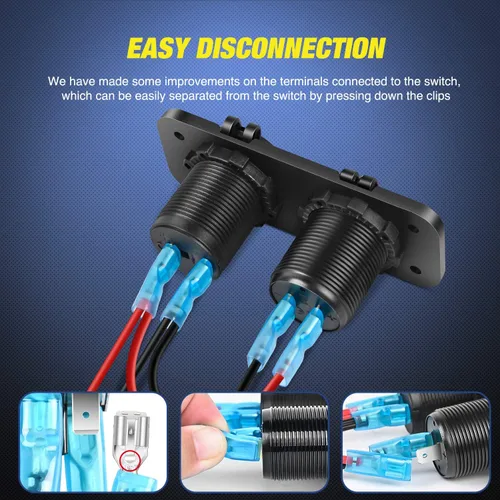 Vista 4 de Nilight QC 3.0 Cargador USB y Enchufe de Encendedor de Cigarrillos Precableado 12V-24V para Coches y Camiones Dual USB Outlets Panel Pre-Wired