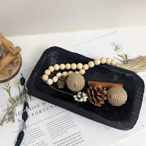 Vista 3 de Cuencos de masa de madera decorativos, cuencos largos rústicos para decoración de pan, bandeja de madera, tallados a mano para decoración de centro