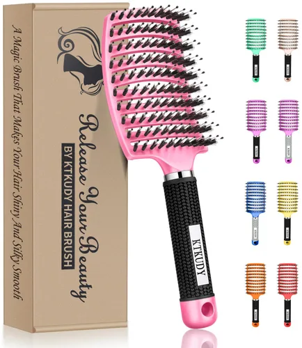 Vista 11 de KTKUDY Cepillo para desenredar con cerdas de jabalí, cepillo para hacer el cabello más brillante y saludable, cepillo desenredante curvo y ventilado