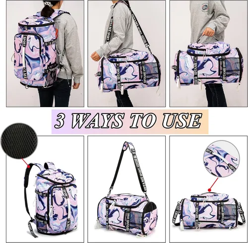 Vista 7 de Mochila de lona con compartimento para zapatos para 4 vías impermeable viaje deporte senderismo portátil, Púrpura, Mochilas de lona