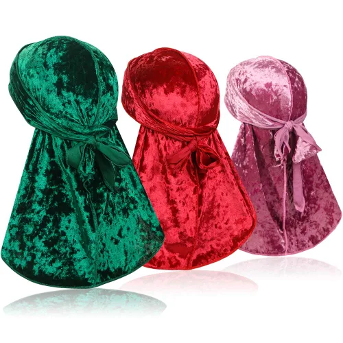 Vista 8 de ASHILISIA 3 piezas de terciopelo triturado ondulado Durag – Envolturas sedosas Durag con cola extra larga perfectas para 360 olas