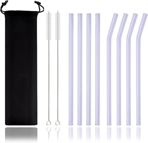 Vista 10 de JASHII Pajitas de vidrio reutilizables, pajitas transparentes de 7.87 x 0.3 pulgadas con cepillo limpio, estuche de viaje negro para bebidas Azul