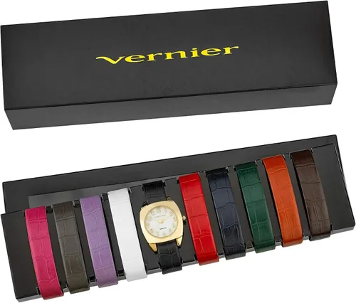 Vista 2 de Vernier Women's Round Case Mother of Pearl Dial 10 Strap Interchangeable Watch Set (VNR66657)