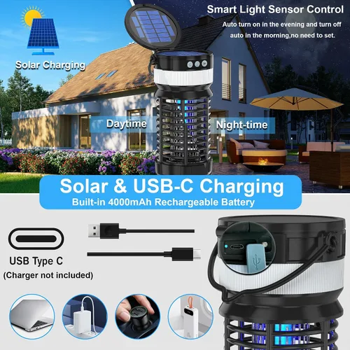 Vista 7 de Exterminador de insectos al aire libre, exterminador de mosquitos con energía solar para exteriores, recargable, eléctrico e impermeable