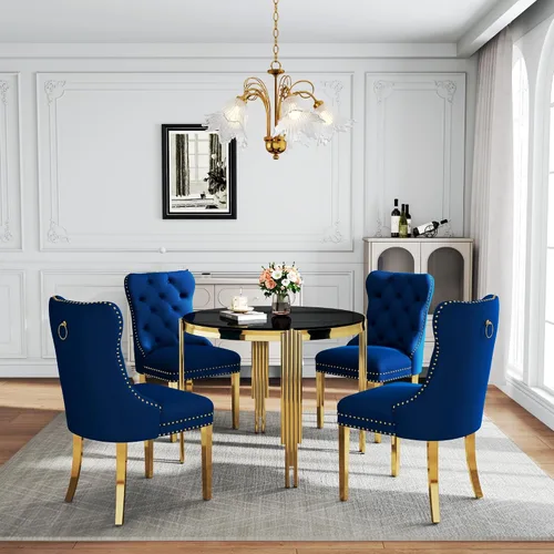 Vista 30 de Juego de mesa de comedor de cristal de 5 piezas para 4, mesa de cocina cuadrada de 37 pulgadas con 4 sillas tapizadas de terciopelo negro, mesa