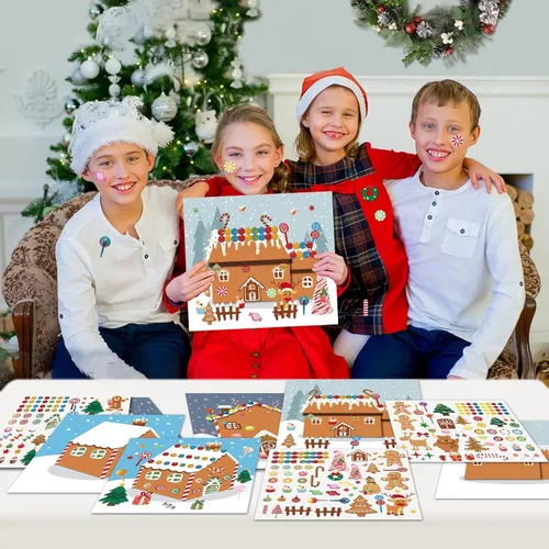 Vista 5 de VABAMNA Artículos de Fiesta de Navidad para Niños - 30 Hojas Haz una Casa de Pan de Jengibre Pegatinas de Manualidades DIY Escenas para Actividades