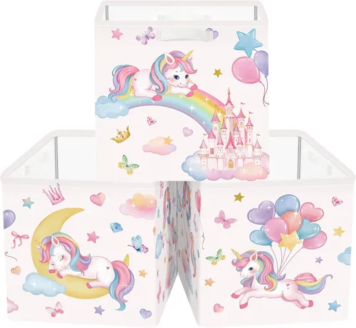 Vista 9 de Clastyle Juego de cestas de almacenamiento plegables de unicornio rosa para niños, organizador de ropa, cuarto de bebé, juguetes para niñas, estante