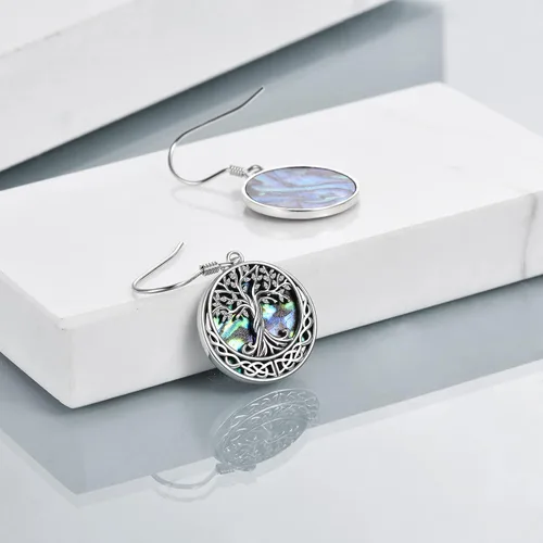 Vista 4 de Aretes de plata de ley con diseño de árbol de la vida celta con concha de abulón para mujer