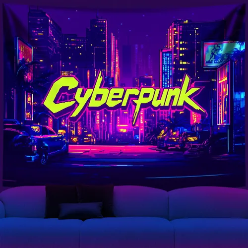 Vista 8 de NYZE Tapiz de luz negra de ciudad, tapiz de anime japonés, juego punk, fantasía, vista nocturna, paisaje urbano, arte futurista, neón, tapices