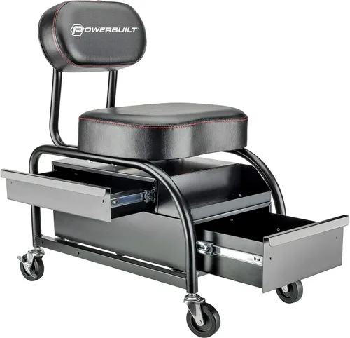 Vista 2 de Powerbuilt Asiento de rodillo profesional para detalladores de automóviles y mecánicos, taburete de garaje resistente con asiento y respaldo