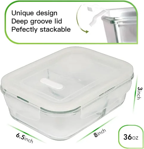Vista 2 de DAS TRUST Paquete de 3 recipientes de vidrio para almacenamiento de alimentos, 2 compartimentos, recipientes de vidrio para preparación de comidas