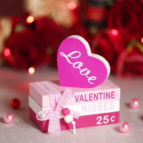 Vista 7 de 4 piezas de madera para el día de San Valentín, mini libros de corazón de San Valentín, letreros de mesa, decoración de bandeja escalonada de San