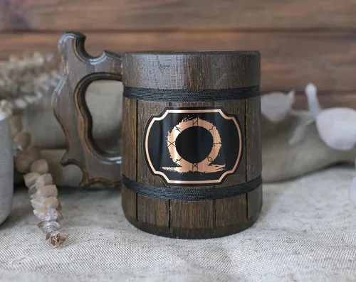 Vista 6 de Taza GOW. Taza de madera para cerveza Stein.Tankard. Regalos para jugadores