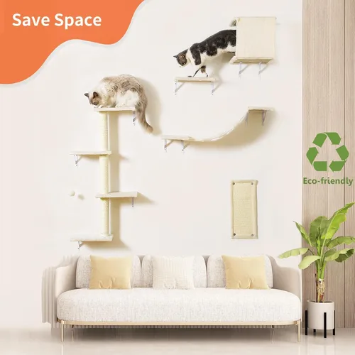 Vista 3 de Muebles modernos para gatos montados en la pared, 5 estantes de pared para gatos, escalador de madera incluye casa, puente, árbol, escalones