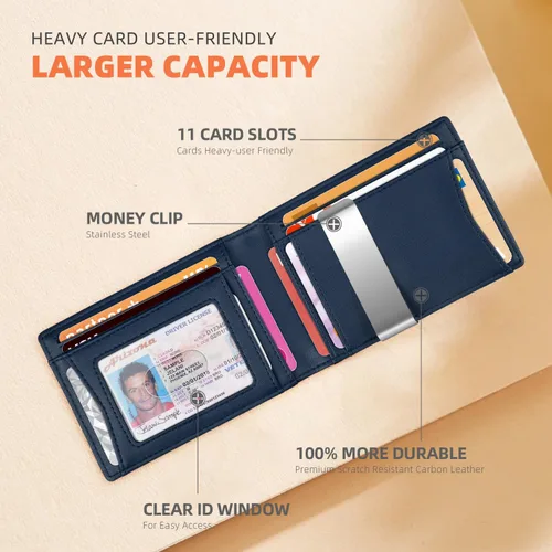 Vista 38 de RUNBOX - Carteras delgadas para hombre, cartera de piel con pinza para el dinero, cartera de bolsillo frontal con bloqueo RFID, tarjetero