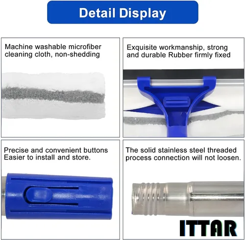 Vista 5 de ITTAR Kit de limpieza de ventanas, limpiador 2 en 1, limpiador de microfibra, mango largo de 61 pulgadas profesional para puerta de cristal