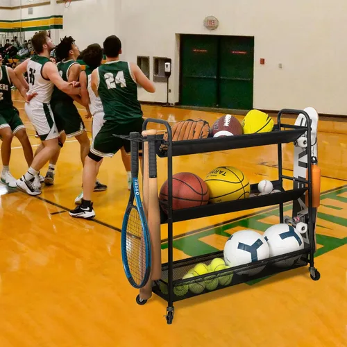 Vista 9 de STORAGE MANIAC - Soporte de entrenamiento de 3 estantes con ruedas Sports Ball Cart with Hooks, Rolling Ball Basket Storage for Garage or Gym