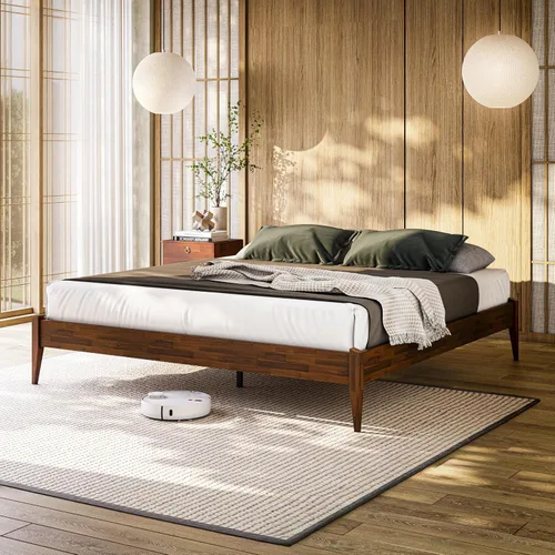 Vista 22 de Bme Dinkee - Marco de cama de plataforma Queen de madera de 15 pulgadas, marco de cama de madera maciza, estilo moderno y minimalista, soporte de 12