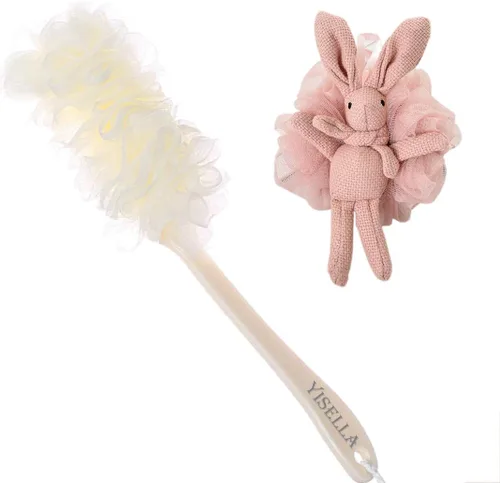 Vista 11 de Cepillo de baño de mango largo para ducha + esponja de baño gris Luffa