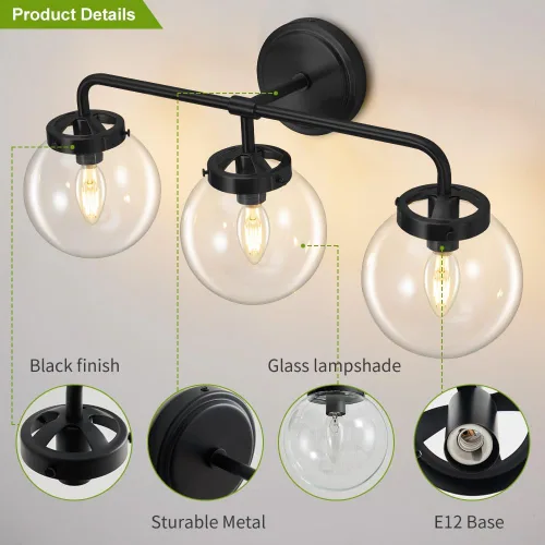 Vista 5 de Lámparas de Tocador de Baño Negras Sobre Espejo, Aplique de Pared Moderno Negro Mate de 3 Luces con Pantalla de Bola de Vidrio Transparente, Luces