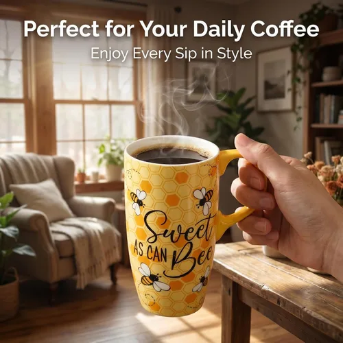 Vista 2 de DUSVALLY Taza de café alta de cerámica, juego de regalo de taza de café de amigos, taza de viaje con tapa para oficina y hogar, taza de porcelana