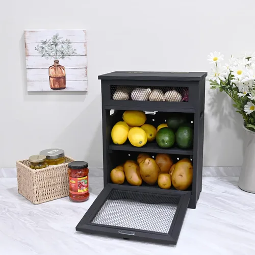 Vista 2 de Ikee Design Caja de Almacenamiento de Madera de Ensamblaje Libre para Encimera de Papas y Cebollas, Gabinete de Encimera, Cajas de Pan de Madera