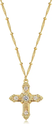 Vista 13 de Fettero - Collar con dije de cruz de fe, chapado en oro de 14 K, cadena fina, minimalista, simple, pequeña, para oración, regalo de joyería religiosa