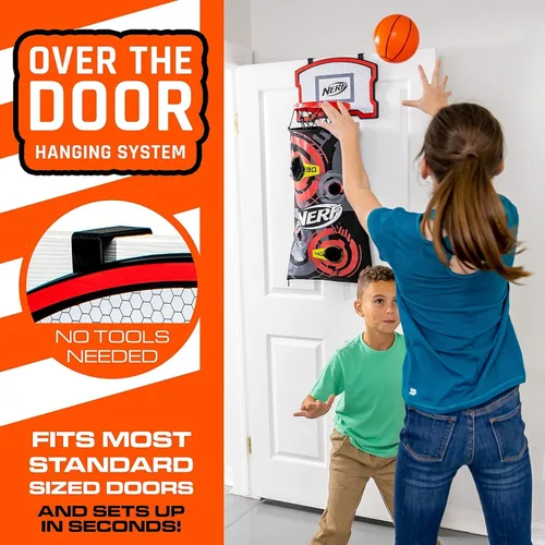 Vista 4 de NERF Cesta de aro de baloncesto – Cesta para ropa sucia sobre la puerta + objetivo de disparo – Mini canasta de aro + juego de baloncesto