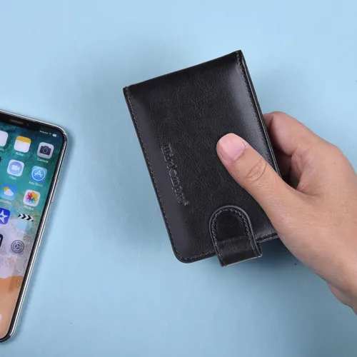 Vista 8 de Wisdompro Soporte para tarjetas de crédito, cartera delgada de cuero con bloqueo RFID, protector organizador de tarjetas de débito