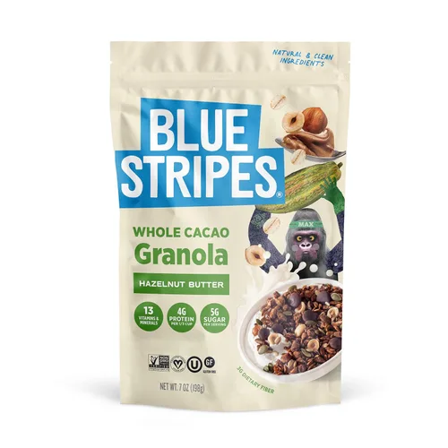 Vista 8 de Blue Stripes Granola de cacao entero con mantequilla de maní y plátano, 8 onzas