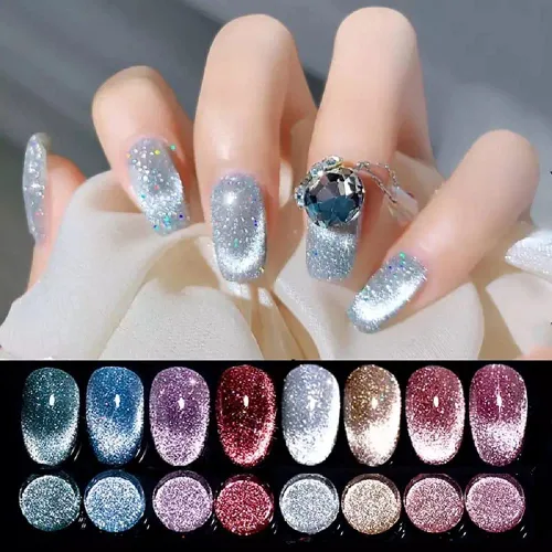 Vista 4 de VERONNI Esmalte de uñas de gel de ojo de gato con diamantes reflectantes, brillo plateado, ojo de gato, gel UV LED (E-01) con imán