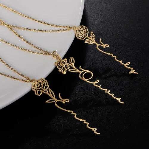 Vista 11 de TRANGEL Custom Birth Flower Name Necklace Personalized 18K Gold Plated Birth Month Flower Necklace Dainty Floral Pendant Jewelry Mothers Birthday