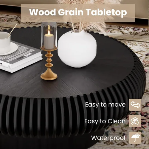 Vista 5 de Mesa de centro redonda de tambor estriado para sala de estar, mesas de centro modernas de mediados de siglo con pedestal resistente, mesa de té negro