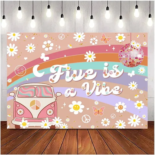 Vista 4 de Five is a Vibe Girl - Fondo de fotografía para fiesta de cumpleaños de 5 años, diseño de arco iris rosa, flores blancas pequeñas, telón de fondo