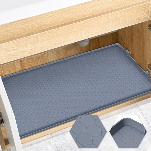 Vista 8 de Tapete impermeable para debajo del fregadero de 22 x 19 pulgadas, forro de silicona para gabinete, protector de goma para cocina y baño, mantiene