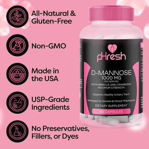 Vista 4 de pHresh D-manosa con cápsulas de arándano para mujeres y hombres, fuerza máxima de 1000 mg por porción, apoya: salud del tracto urinario, fabricado