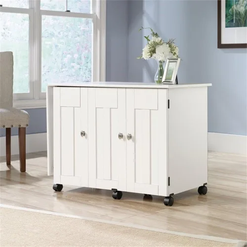 Vista 2 de BOWERY HILL Mesa de madera de ingeniería para coser o manualidades con superficie superior de melamina, almacenamiento detrás de la puerta