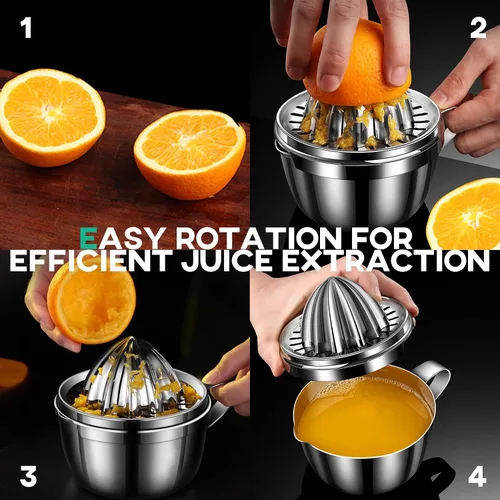 Vista 7 de Homestia Exprimidor manual de cítricos de acero inoxidable – Exprimidor de toronja de naranja limón con 2 conos desmontables, cuenco de 14 onzas
