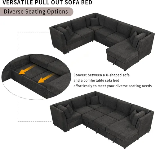 Vista 4 de LUMISOL Sofá seccional grande en forma de U para sala de estar, sofá cama extraíble con 2 puertos USB y 2 enchufes de corriente, sofá cama moderno