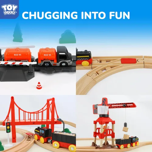 Vista 4 de TOY Life Juego de Tren de 81 Piezas con Grúa y Locomotora, Juguete de Tren de Madera, Vías de Tren de Madera para Niños Pequeños de 3, 4, 5 Años
