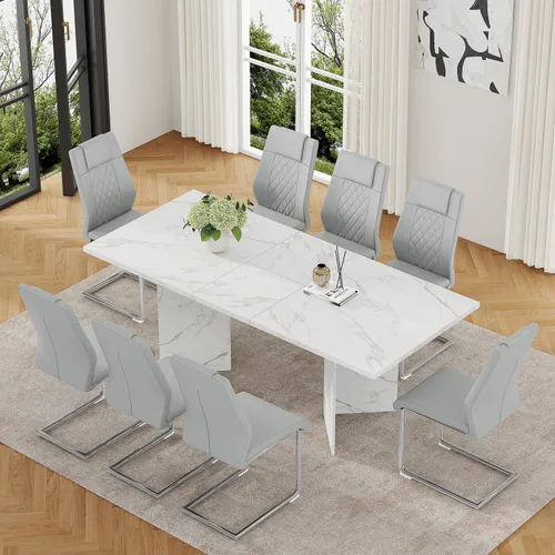 Vista 20 de Juego de mesa de comedor extensible de 63 a 79 pulgadas para 4, juego de mesa de cocina de mármol sintético blanco para 4, juego de mesa de comedor